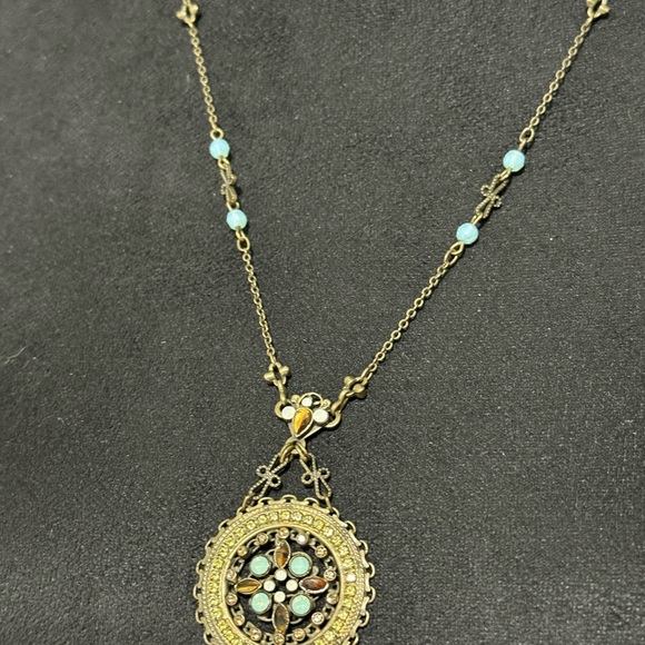 Boho Medallion Pendant Necklace | Antique Gold Tone | Blue Stone Details - Picture 2 of 6